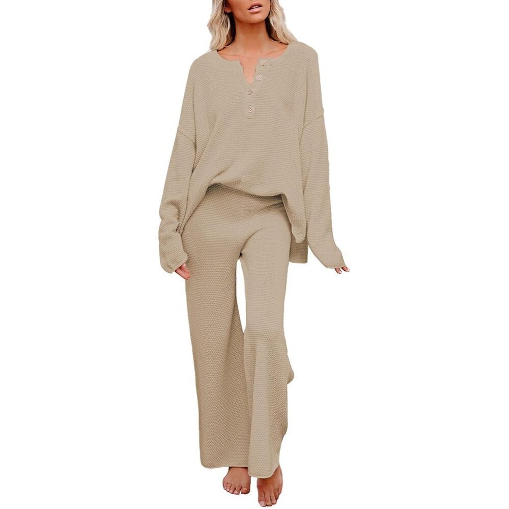 Women's Knit Lounge Set Long Sleeve Pullover & Wide Leg Pants Medium